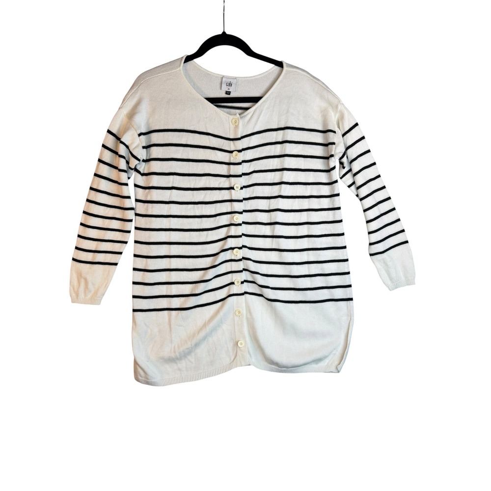Cabi Striped Cardigan Sweater Womens XS White Black Button Front Longline Knit